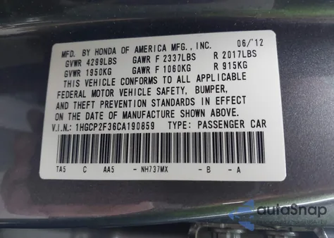 2012 Honda Accord 2.4 Lx from USA, damaged, VIN 1HGCP2F36CA190859